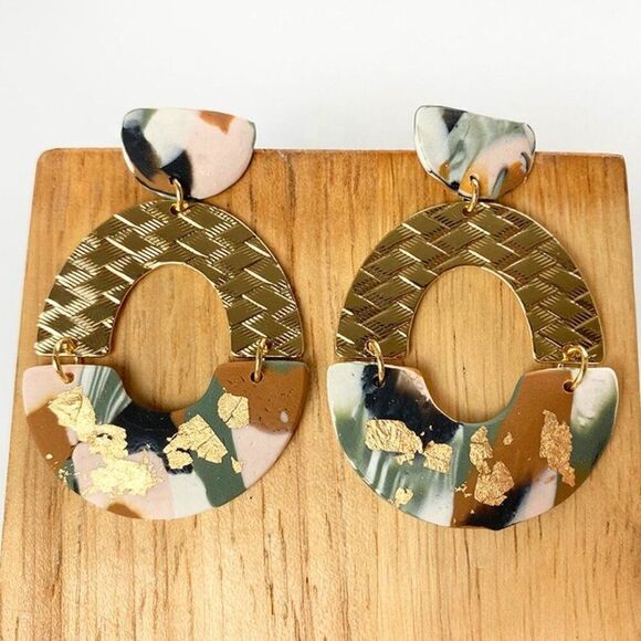 Mermaid Scales Green Marbled Gold Mixed-Media Drop Earrings - Picture 5 of 6